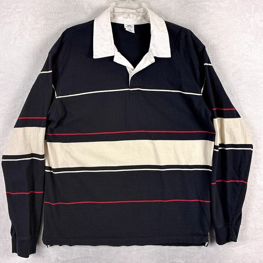 Urban Outfitters Rugby Shirt Men L Black Beige Red Stripe Preppy Collegiate Y2K